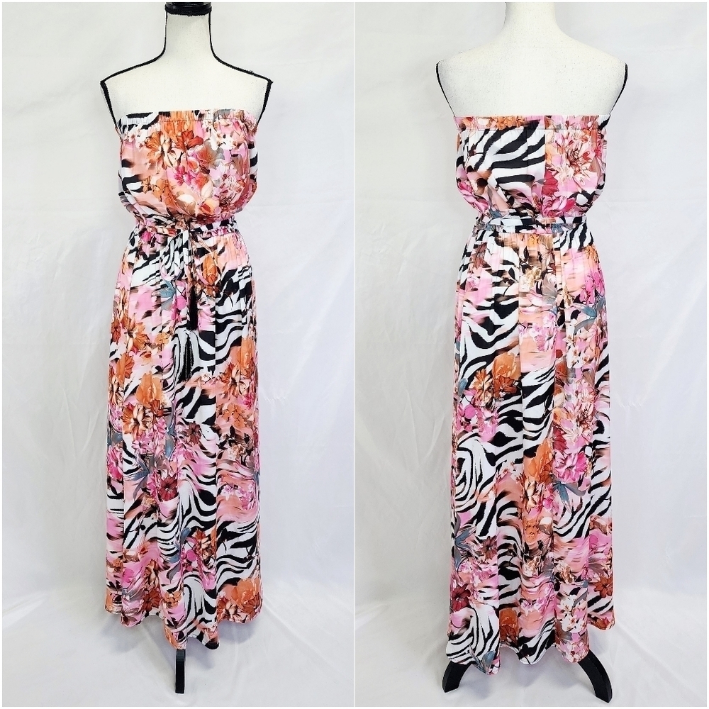 Jennifer Lopez Zebra Floral Tassel Sash Side Slit Strapless Maxi Blouson Dress - Picture 2 of 5